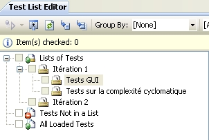 Vue des listes de tests dans le « Test List Editor »